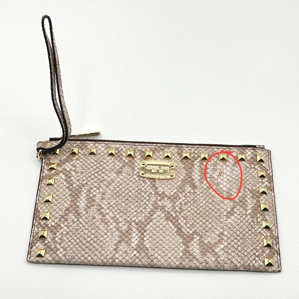 Michael Kors Studded Snakeskin Print Wristlet Tan Gold Clutch Bag